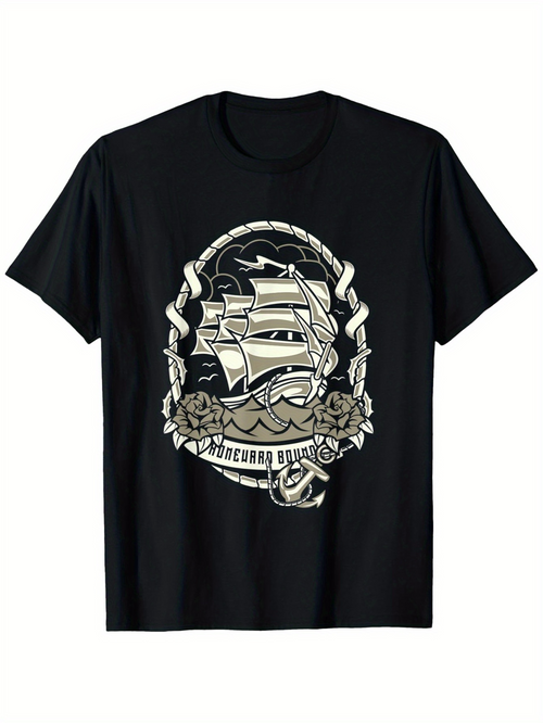 Men's Graphic T-Shirt Classic Vintage Tattoo Style Tall Ship Sailing On Waves Surrounded By Rope