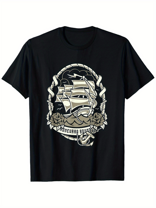 Men's Graphic T-Shirt Classic Vintage Tattoo Style Tall Ship Sailing On Waves Surrounded By Rope
