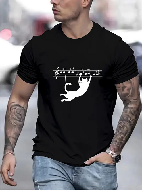 Men's Graphic T-Shirt Leaping Cat Hanging Under Musical Notes Among Melodic Symbols Cat