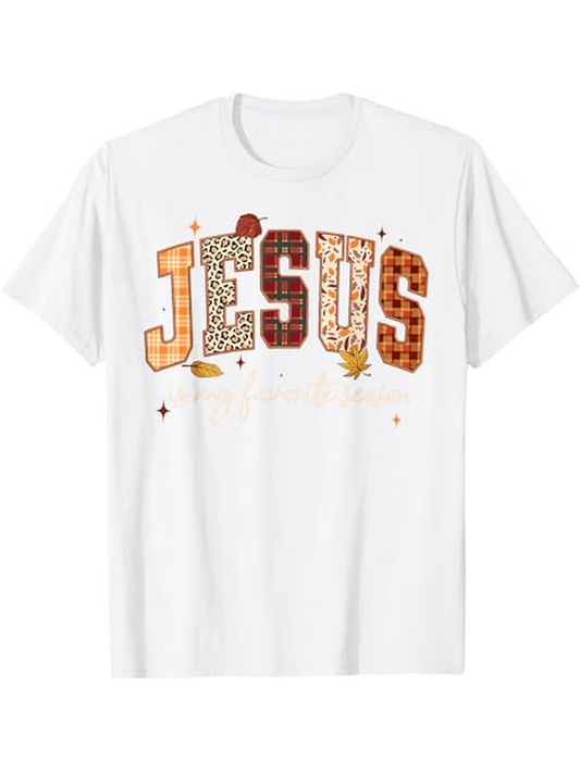 Men's Graphic T-Shirt Autumn Patterns And Seasonal Leaves Around Colorful JESUS Letters