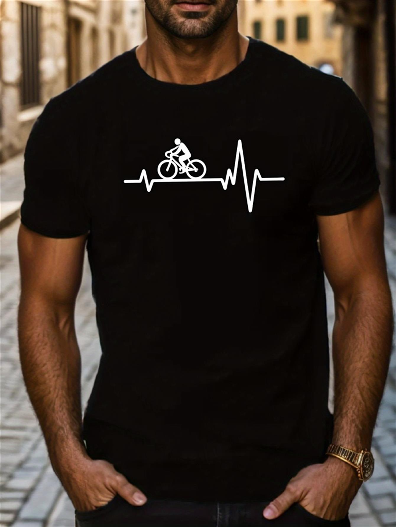 Men's Graphic T-Shirt Heartbeat Line With Cyclist Riding Bike Among Urban Streets