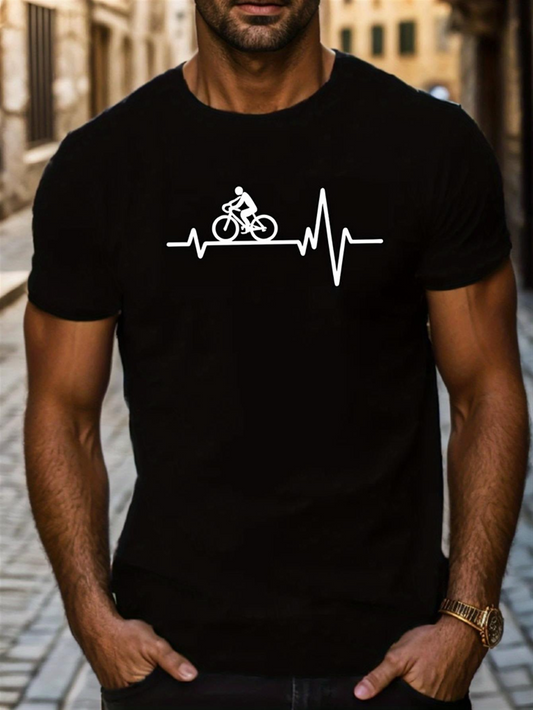 Men's Graphic T-Shirt Heartbeat Line With Cyclist Riding Bike Among Urban Streets