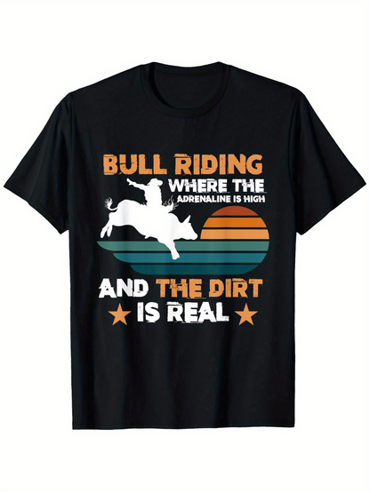Men's Graphic T-Shirt Bull Riding Retro Stripes With Charging Cowboy Under Sunset Bull