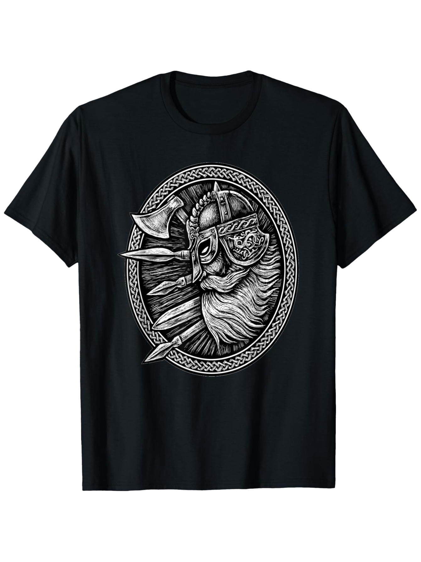 Men's Graphic T-Shirt Nordic Warrior In Ornate Helmet With Axe Surrounded By Braided Frame Viking