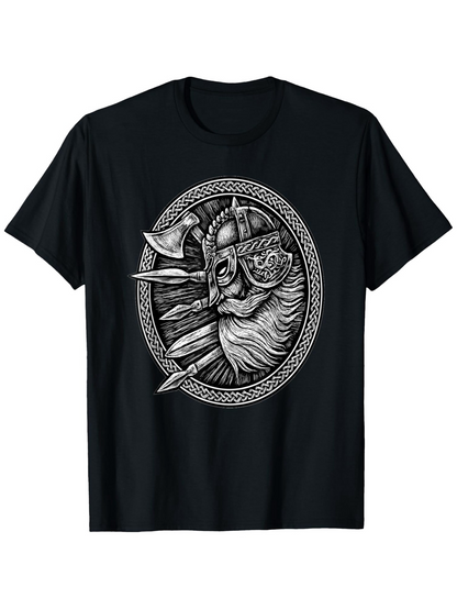 Men's Graphic T-Shirt Nordic Warrior In Ornate Helmet With Axe Surrounded By Braided Frame Viking
