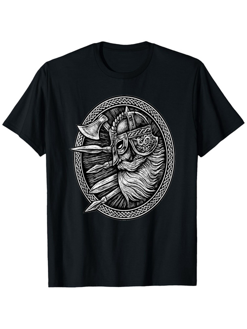 Men's Graphic T-Shirt Nordic Warrior In Ornate Helmet With Axe Surrounded By Braided Frame Viking