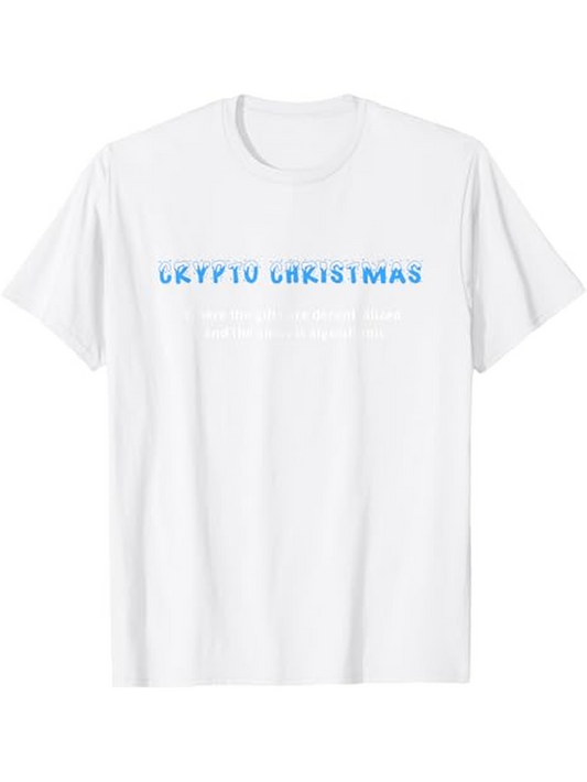 Men's Graphic T-Shirt Crypto Christmas With Blue Letters Centered On White Shirt