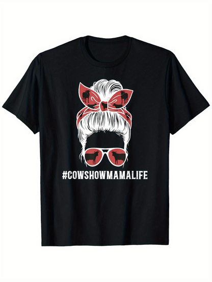 Men's Graphic T-Shirt Cowshowmamalife Red Bandana Sunglasses With Messy Bun Woman Silhouette