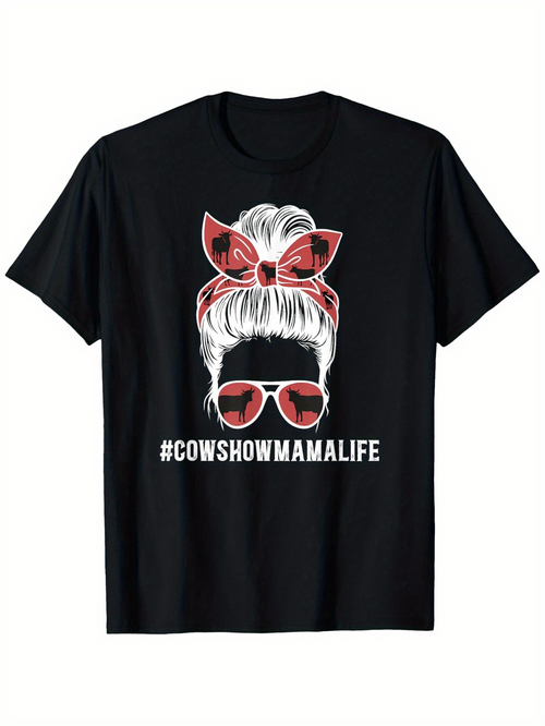 Men's Graphic T-Shirt Cowshowmamalife Red Bandana Sunglasses With Messy Bun Woman Silhouette