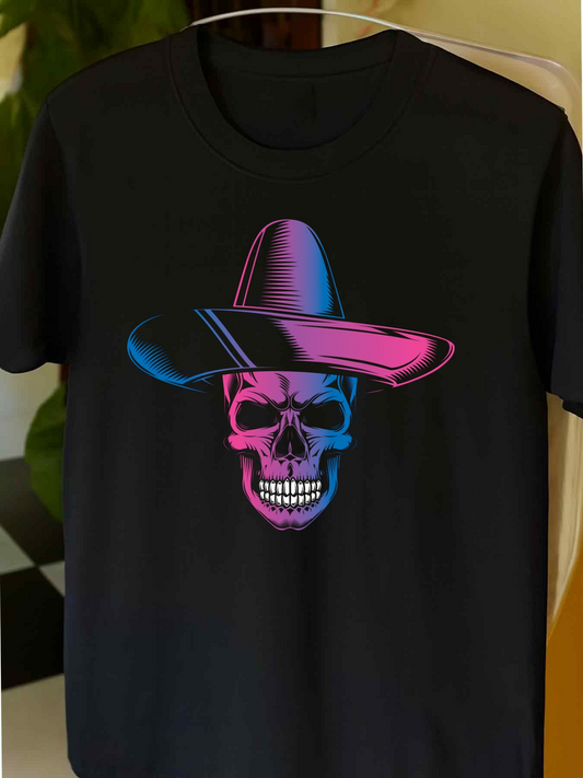 Men's Graphic T-Shirt Colorful Neon Glow With Grinning Skull Wearing A Wide Brimmed Hat