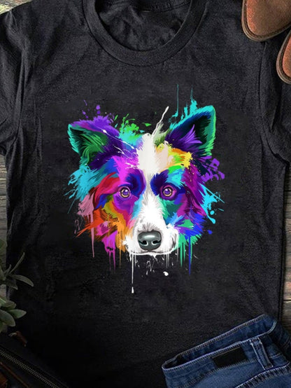 Women's Graphic T-Shirt Splattered Neon Paint Among Colorful Strokes Dog Face