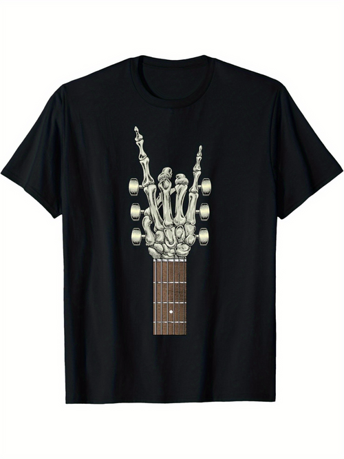 Men's Graphic T-Shirt Bones And Guitar Tuning Pegs In Rock Gesture Skeleton Hand
