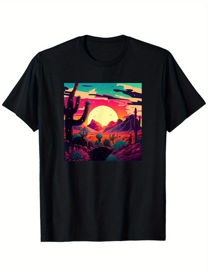 Men's Graphic T-Shirt Colorful Desert Sunset With Tall Cactus Silhouettes And Distant Mountains