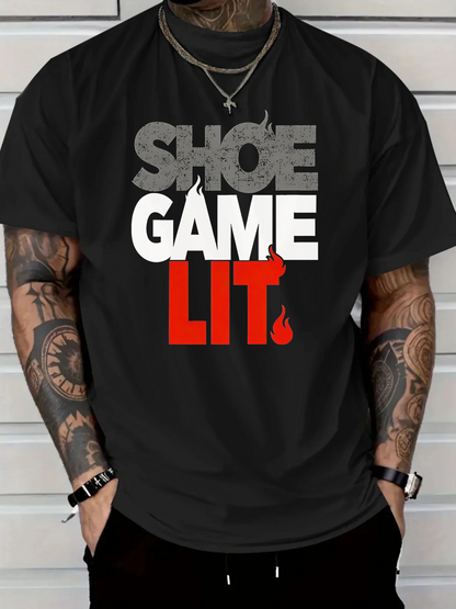 Men's Graphic T-Shirt Shoe Game Lit With Bold Layered Letters And Fiery Red Icon T Shirt