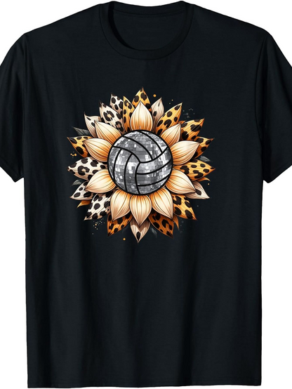 Men's Graphic T-Shirt Sunflower Petals With Leopard Pattern Encircling A Silver Volleyball