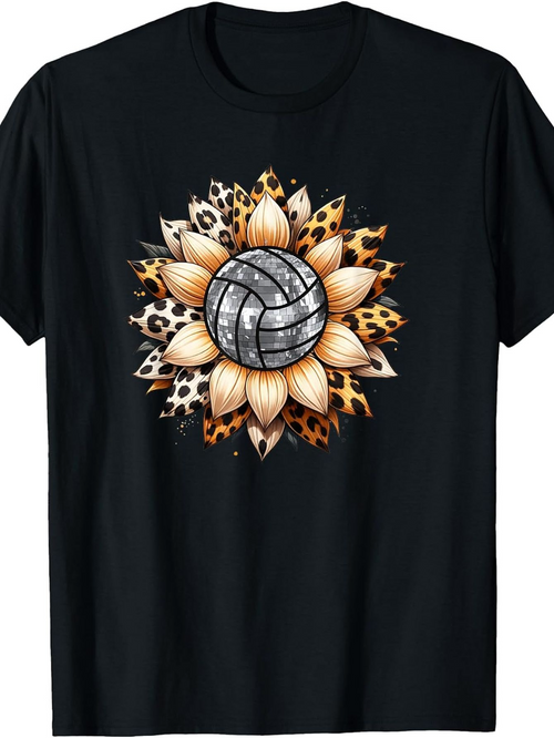 Men's Graphic T-Shirt Sunflower Petals With Leopard Pattern Encircling A Silver Volleyball