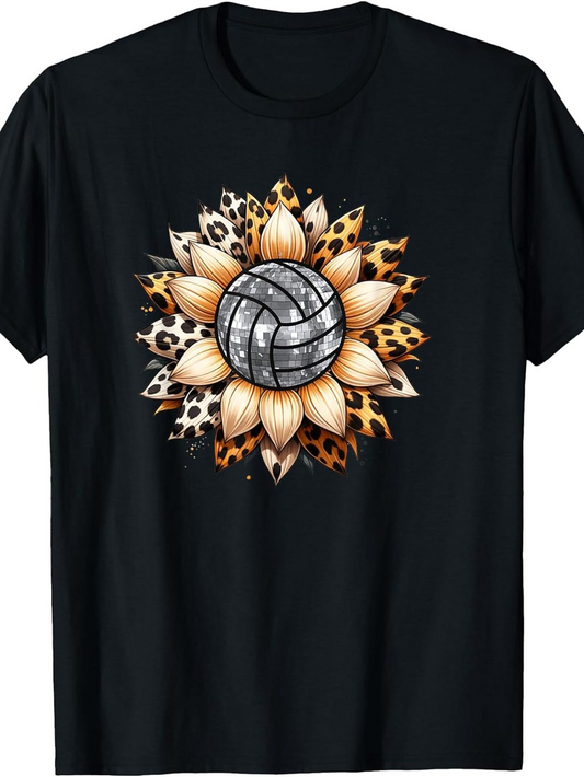 Men's Graphic T-Shirt Sunflower Petals With Leopard Pattern Encircling A Silver Volleyball
