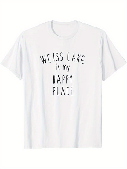 Men's Graphic T-Shirt Weiss Lake Is My Happy Place Casual White Typography Tee Shirt
