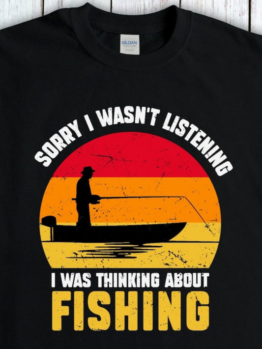 Men's Graphic T-Shirt Sorry I Wasnt Listening Sunset With Fishing Boat And Silhouette Of Angler Fishing