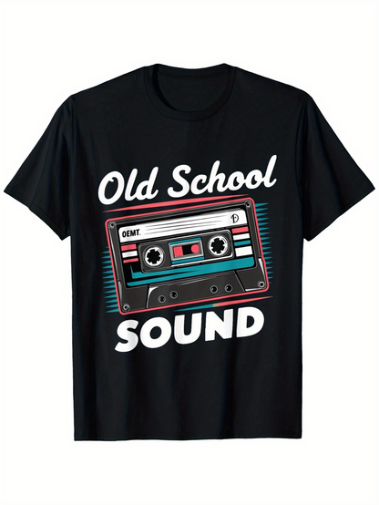 Men's Graphic T-Shirt Old School Sound Vibrant Cassette Tape Surrounded By Retro Colored Lines