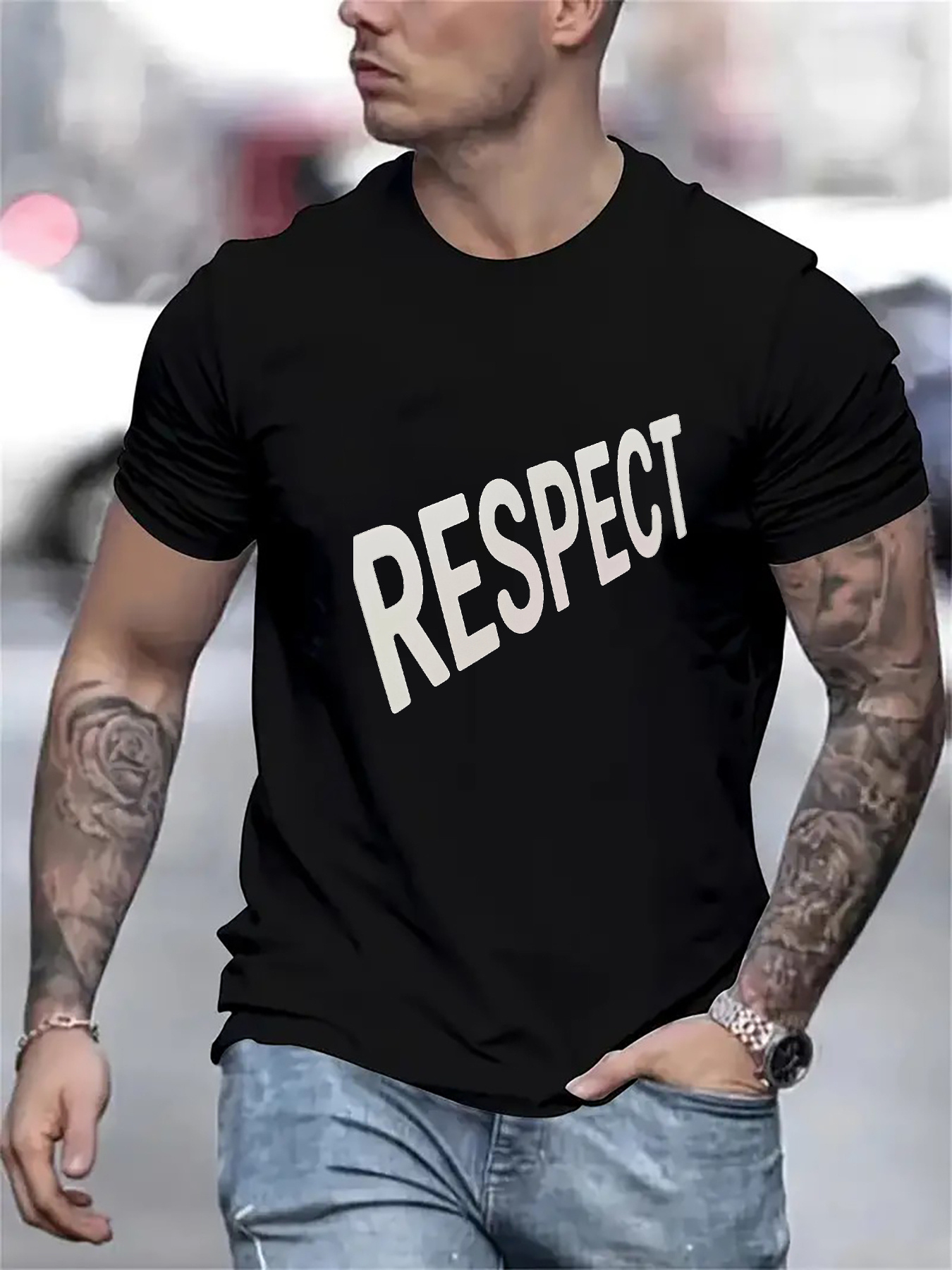 Men's Graphic T-Shirt Respect Bold White Typographic Print On Black T Shirt