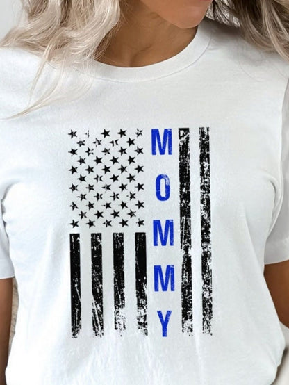 Women's Graphic T-Shirt Distressed American Flag With Vertical Blue Lettering Mommy