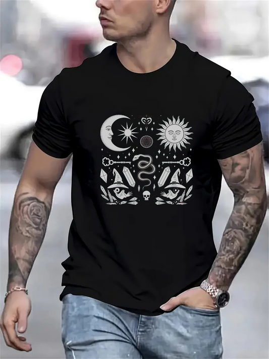 Men's Graphic T-Shirt Mysterious Geometric Symbols With Eyes Snake Crescent Moon And Sun
