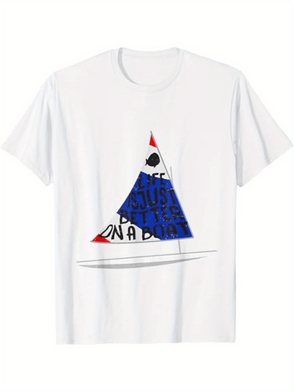 Men's Graphic T-Shirt Scribbled Blue Red Triangle Among Simple Lines With Sailboat