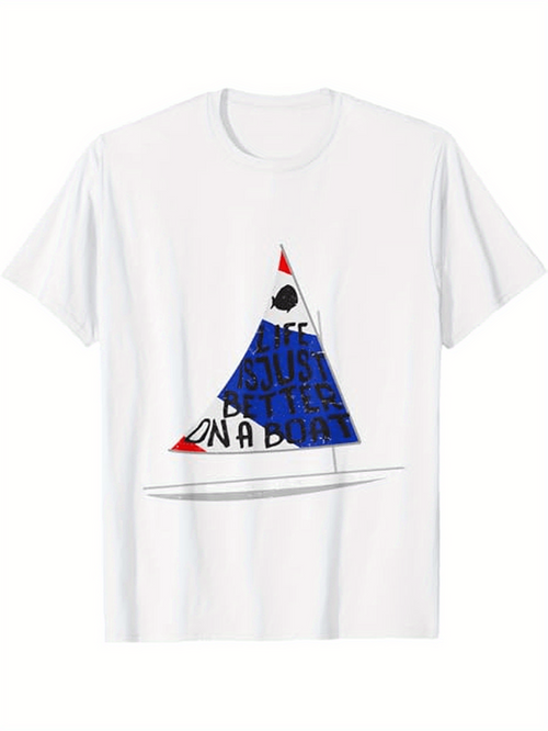 Men's Graphic T-Shirt Scribbled Blue Red Triangle Among Simple Lines With Sailboat