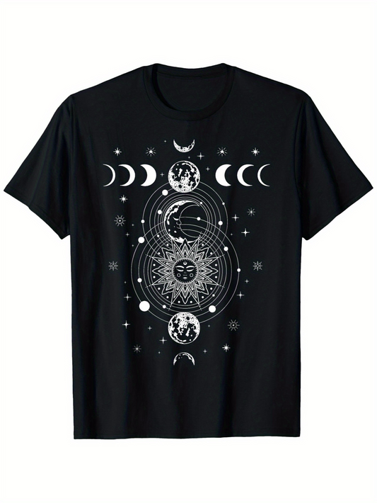 Men's Graphic T-Shirt Celestial Phases With Sacred Geometry Surrounded By Mystical Symbols Moon