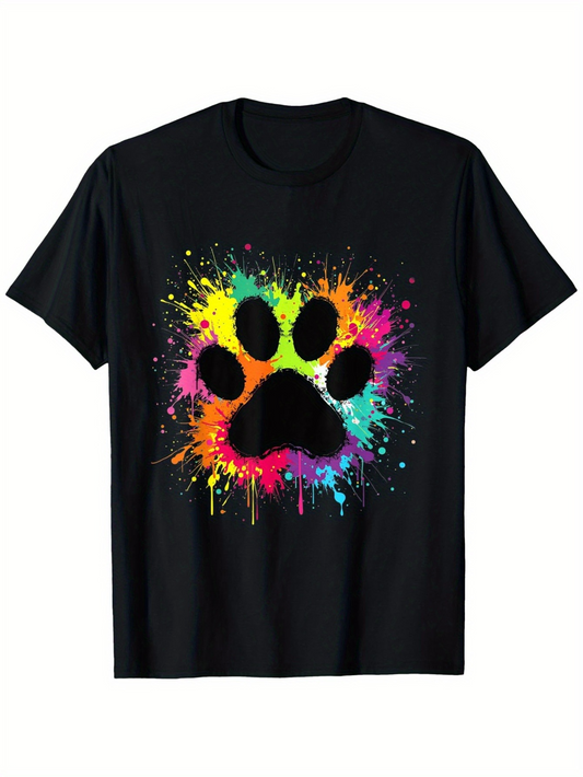 Men's Graphic T-Shirt Rainbow Paint Splashes With Colorful Abstract Paw Print