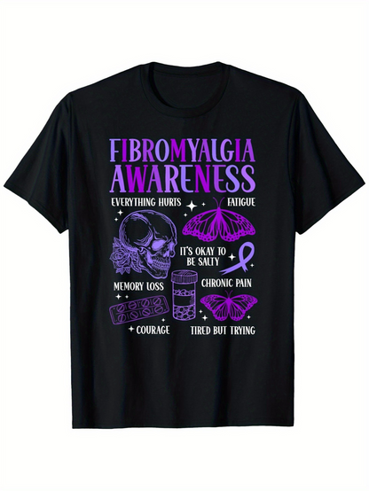 Men's Graphic T-Shirt Fibromyalgia Awareness Courage Among Symbols Of Chronic Pain Skull
