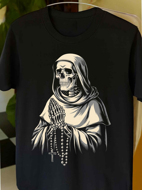 Men's Graphic T-Shirt Dark Robed Figure With Praying Hands And Rosary Beads Skeleton
