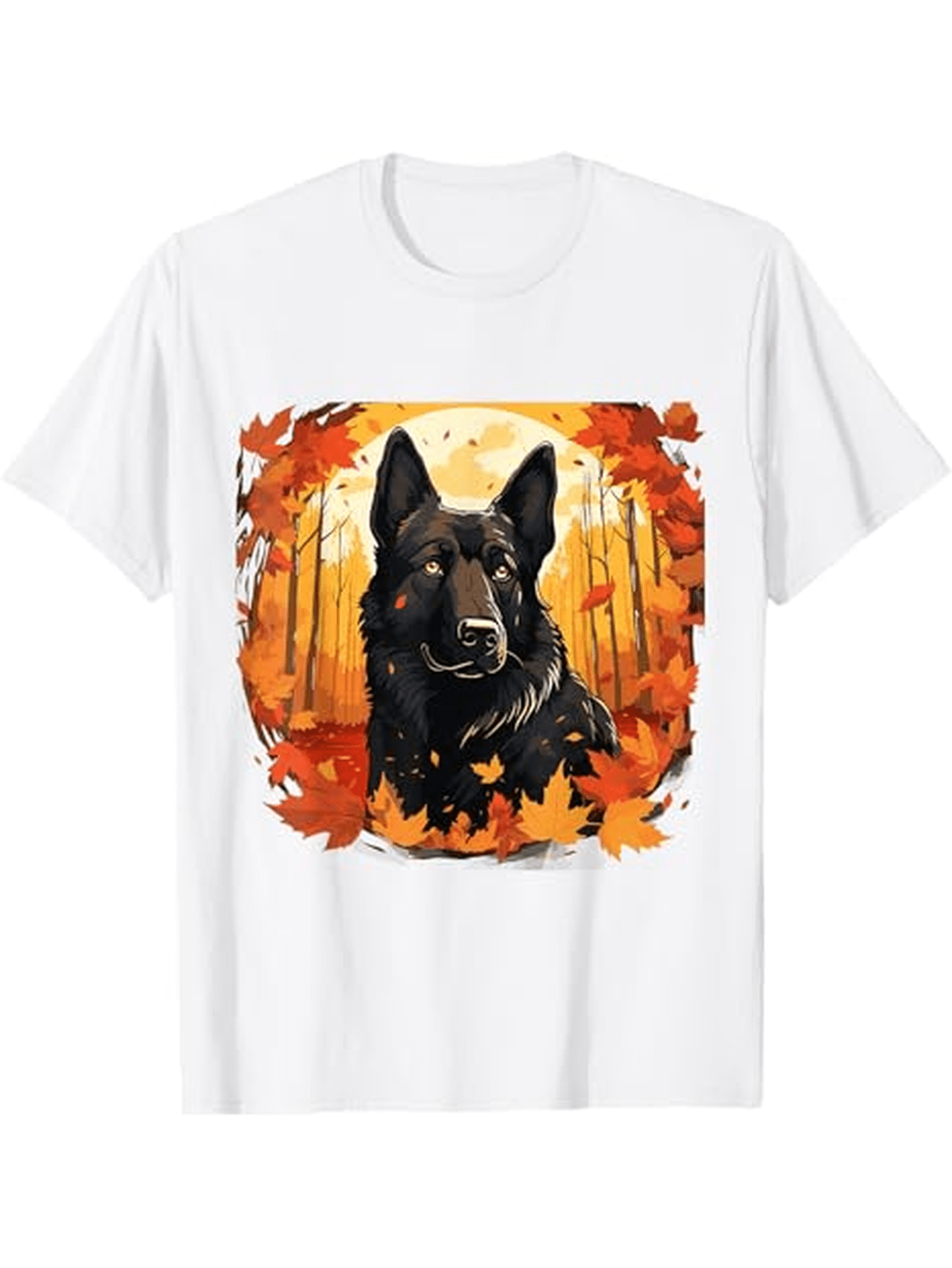 Men's Graphic T-Shirt Autumn Leaves And Warm Light Surrounding A Majestic Black Dog