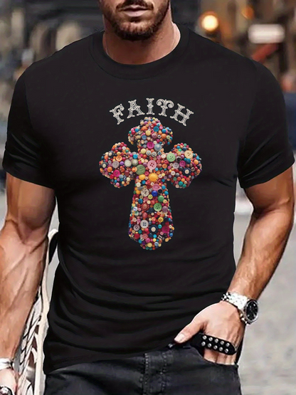 Men's Graphic T-Shirt Faith Colorful Candy Pattern Shining Cross Graphic T Shirt