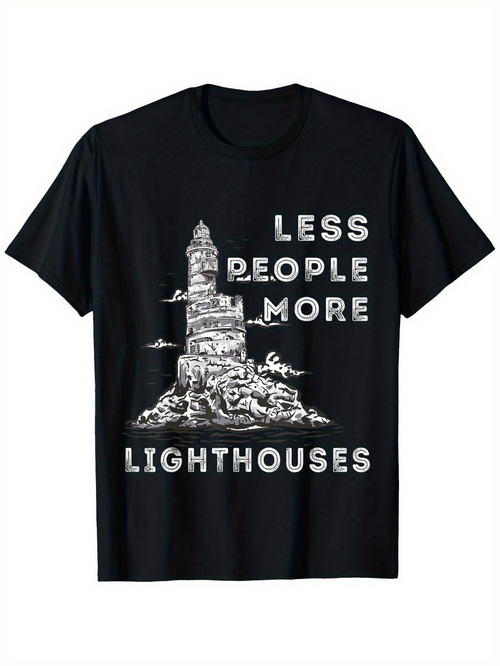 Men's Graphic T-Shirt Less People More Rocky Coast With Detailed Lighthouse Illustration