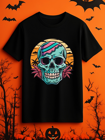 Men's Graphic T-Shirt Colorful Sunset With Tropical Leaves Behind Skull