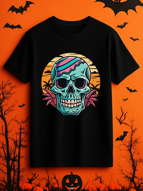 Men's Graphic T-Shirt Colorful Sunset With Tropical Leaves Behind Skull