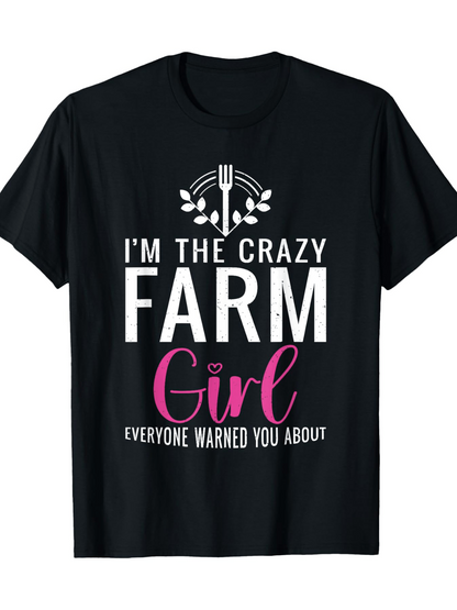 Men's Graphic T-Shirt Im The Crazy Farm Girl With Rustic Typography And Pastel Accents Surrounded By Fork And Wreath Motif