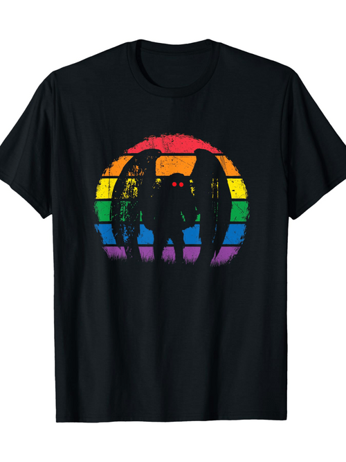 Men's Graphic T-Shirt Colorful Sunset Silhouette With Wings Among Rainbow Stripes Mothman