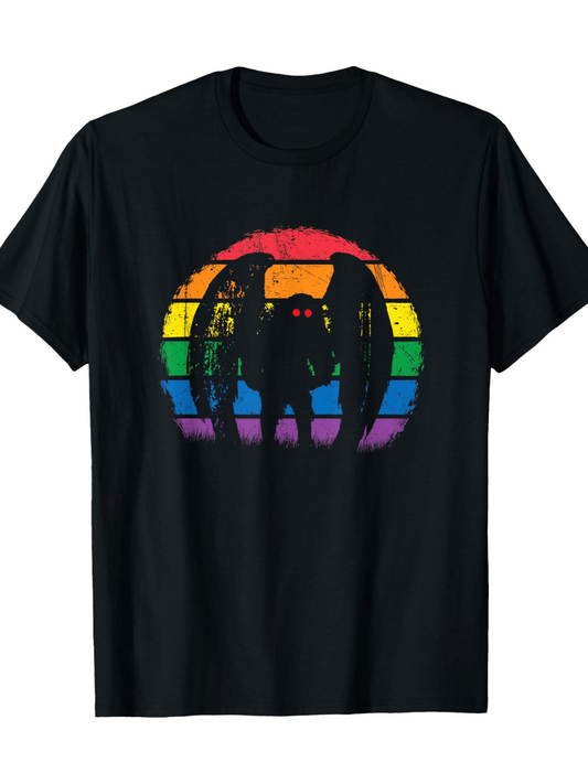 Men's Graphic T-Shirt Colorful Sunset Silhouette With Wings Among Rainbow Stripes Mothman