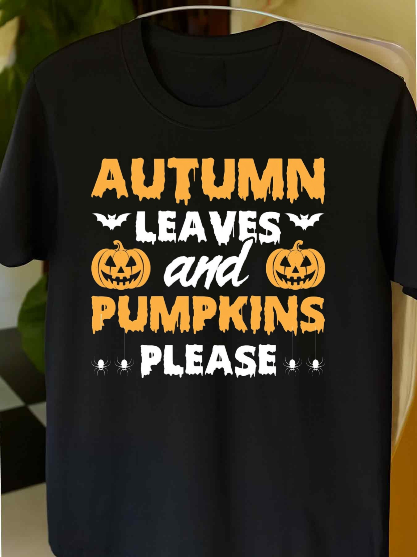 Men's Graphic T-Shirt Autumn Leaves Pumpkins Please With Smiling Pumpkin Faces Bats And Festive Letters