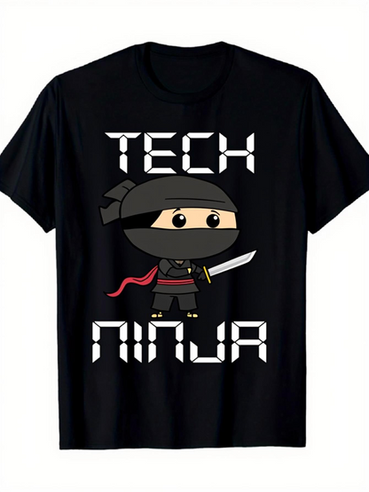 Men's Graphic T-Shirt Tech Ninja With Cartoon Sword Wielding Character And Pixel Art Ninja