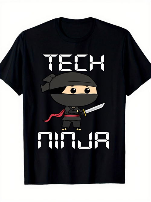Men's Graphic T-Shirt Tech Ninja With Cartoon Sword Wielding Character And Pixel Art Ninja