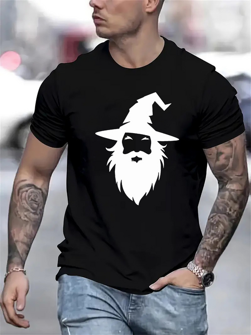Men's Graphic T-Shirt Long White Beard With Pointed Wizard Hat Mysterious Wizard