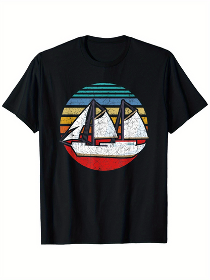 Men's Graphic T-Shirt Vintage Striped Sunset Over Calm Water With White Sailboat