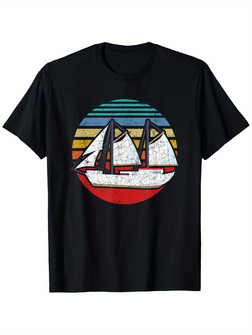 Men's Graphic T-Shirt Vintage Striped Sunset Over Calm Water With White Sailboat