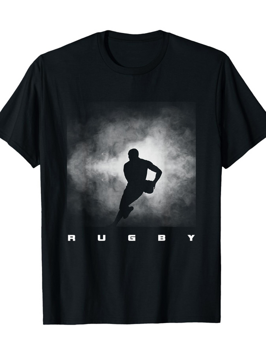 Men's Graphic T-Shirt Rugby Player Sprinting Through Stormy Mist Silhouette