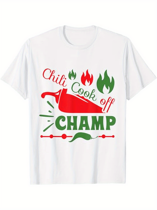 Men's Graphic T-Shirt Chili Cook Off Champ Bold Red Green Design With Peppers And Fire Print