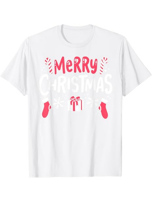 Men's Graphic T-Shirt Merry Christmas Lettering With Candy Canes And Gift Box Surrounded By Festive Mittens